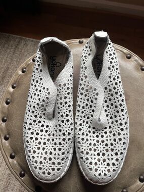 White Laser-Cut Leather Slip-On Women's Shoes, leather, 8.5 size